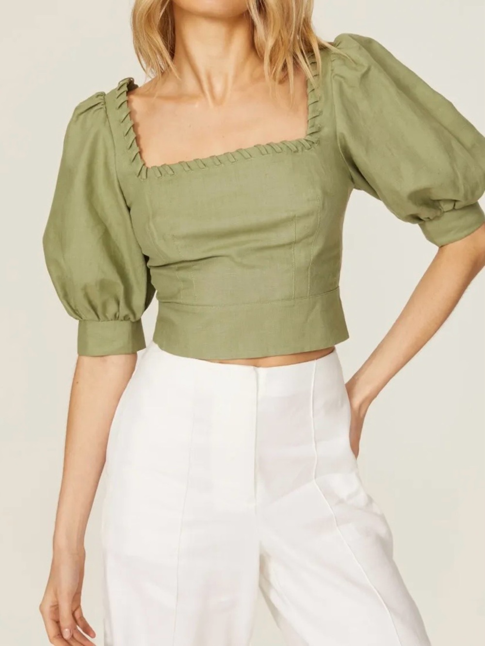 Ted Baker Square Neck Puff Sleeve linen blend Crop Top 6